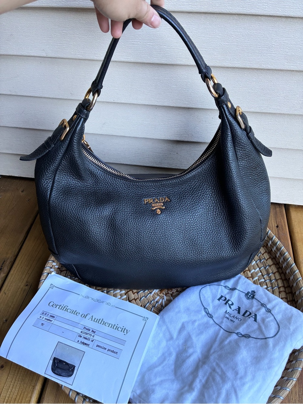 Prada vitello daino zip top Shoulder Bag with Gold Hardware
